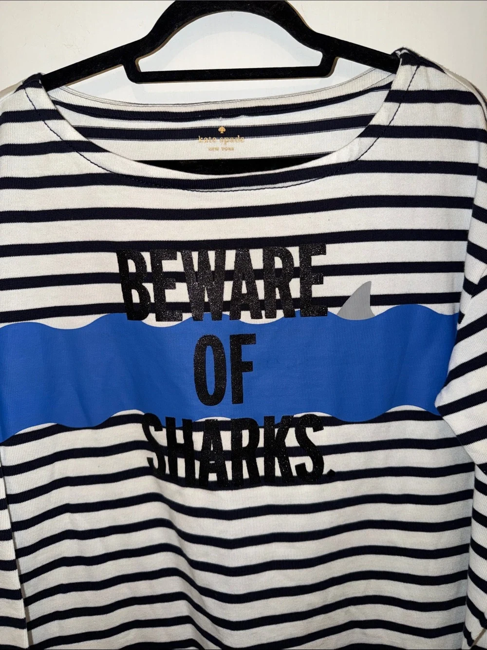 kate spade White & Navy Striped 'Beware of Sharks' Long Sleeve Tee